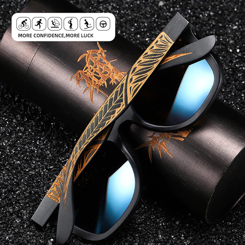 Vintage polarized sunglasses with bamboo wooden frame, stylish design, perfect for unisex fashion and sun protection.