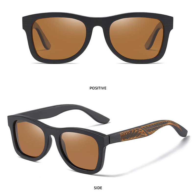 Vintage unisex polarized sunglasses with bamboo wooden frame, showcasing front and side view.