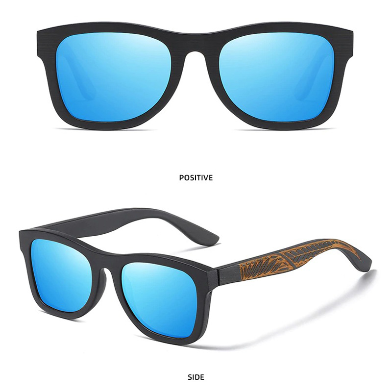 Vintage unisex polarized sunglasses with bamboo wooden frame, showing front and side views.