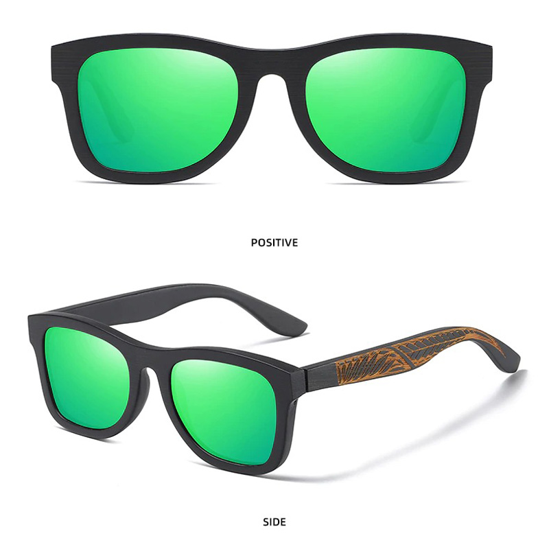 Vintage polarized sunglasses with bamboo frame, showcasing front and side views, perfect for stylish sun protection.