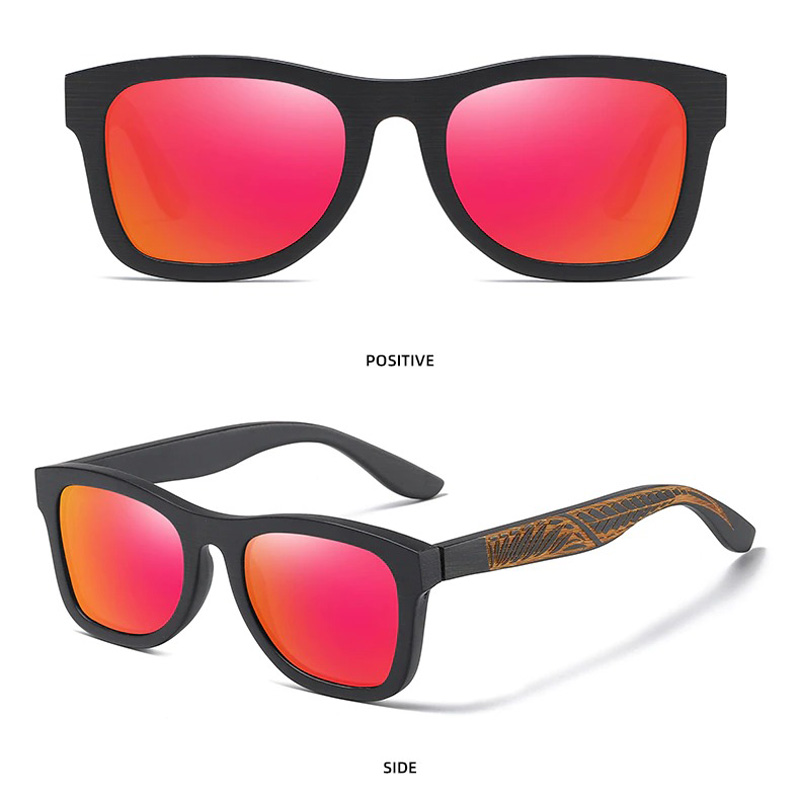 Vintage unisex polarized sunglasses with bamboo wooden frame, shown from front and side views, stylish protective eyewear.