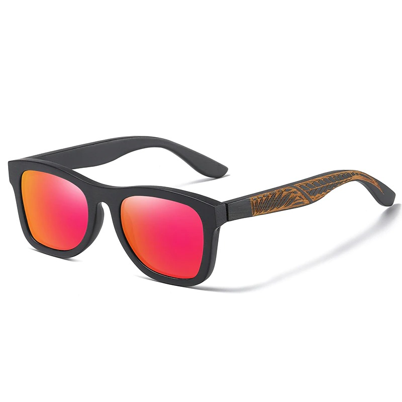 Vintage polarized sunglasses with bamboo wooden frame, fashionable unisex design and pink mirrored lenses.