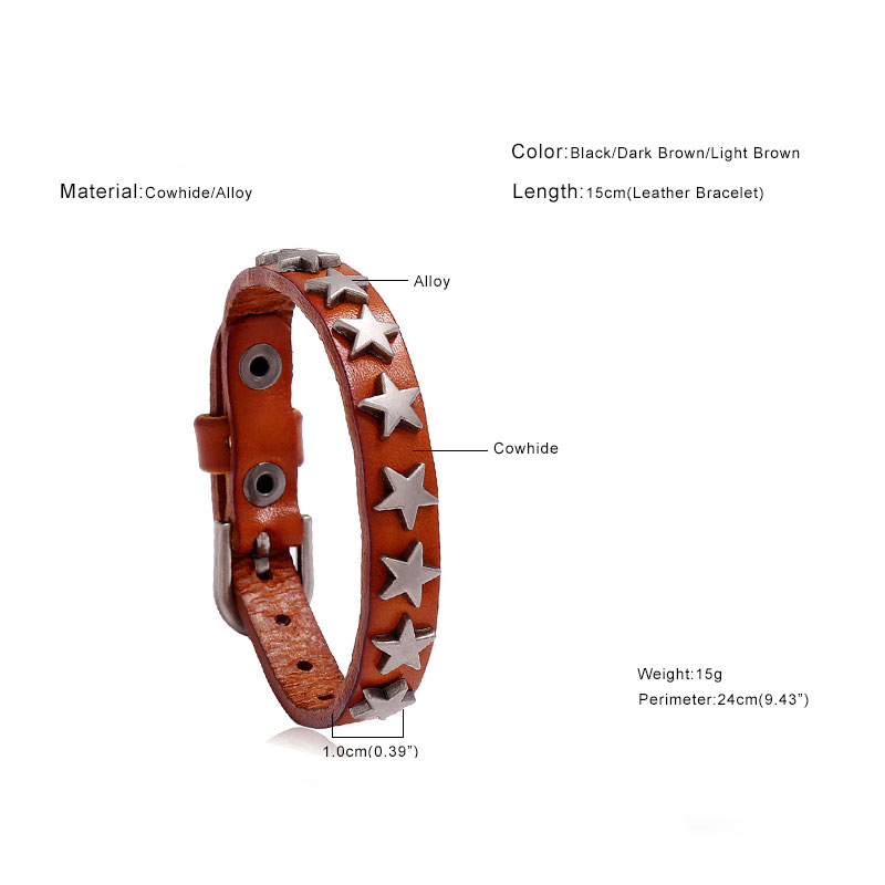 Vintage PU leather bracelet with silver stars, available in black, dark brown, and light brown, trendy unisex punk-rock jewelry.