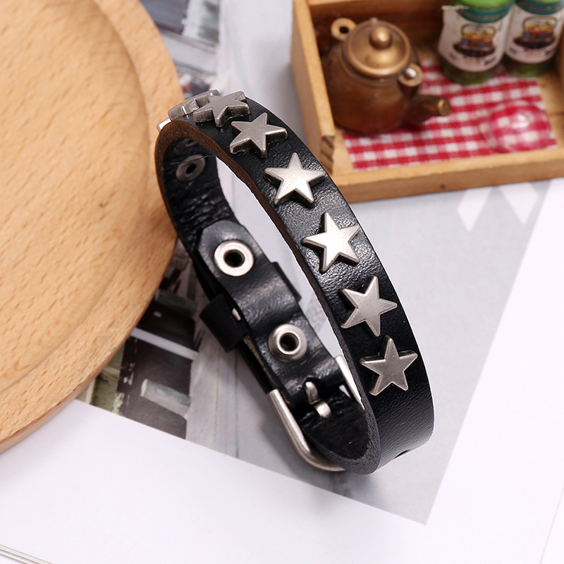 Vintage PU leather bracelet with silver stars, perfect trendy gothic punk-rock jewelry for men and women.