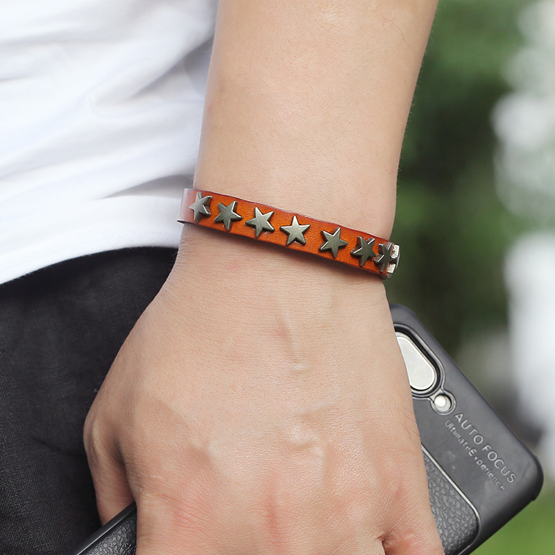 Vintage PU leather bracelet with silver stars, perfect punk-rock jewelry for men and women.