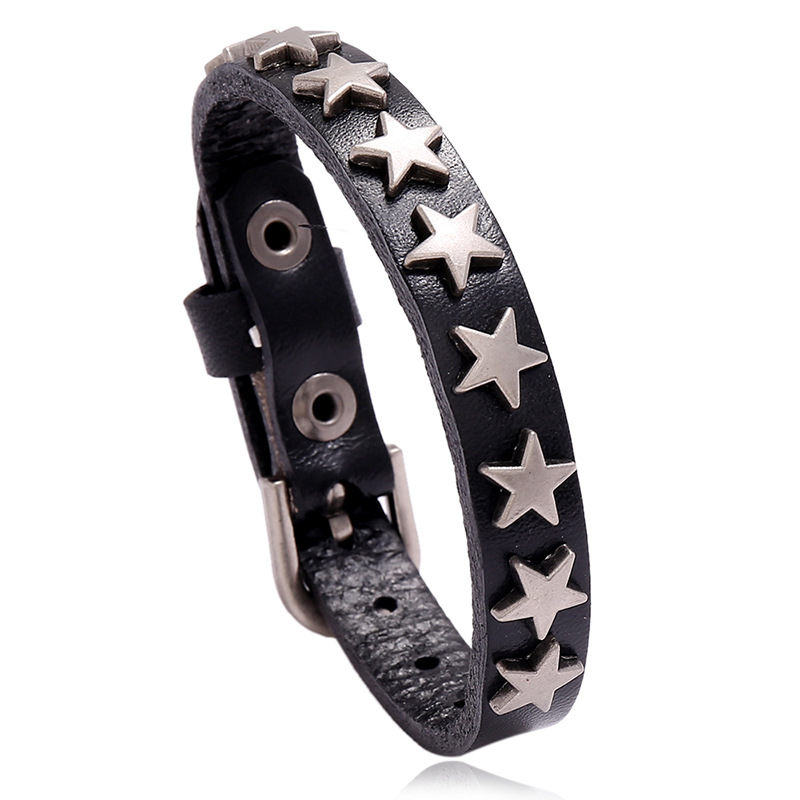 Vintage black PU leather bracelet with silver stars, perfect unisex punk-rock jewelry for trendy styles.