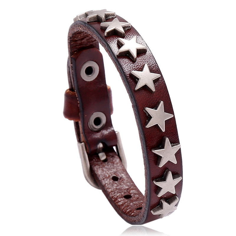 Vintage PU leather bracelet with silver stars, unisex punk-rock jewelry for men and women in brown.