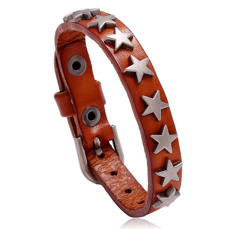 Vintage PU leather bracelet with silver stars, perfect punk-rock style for men and women.