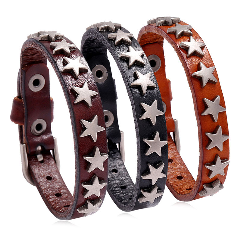 Vintage PU leather bracelets in brown, black, and orange with silver stars, perfect unisex punk-rock jewelry.