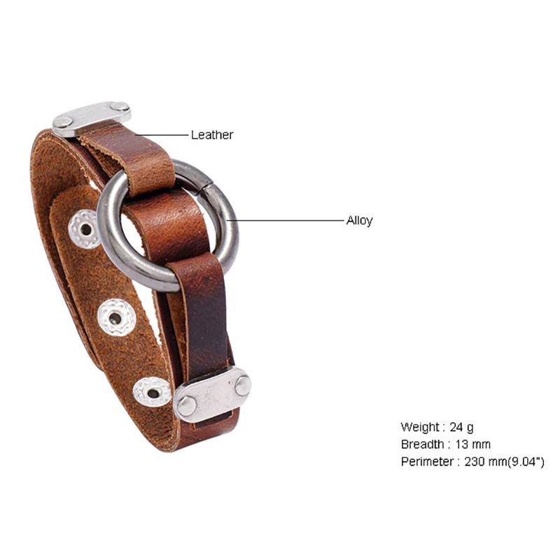 Vintage brown PU leather bracelet with alloy circle and silver rivets for a stylish punk look.