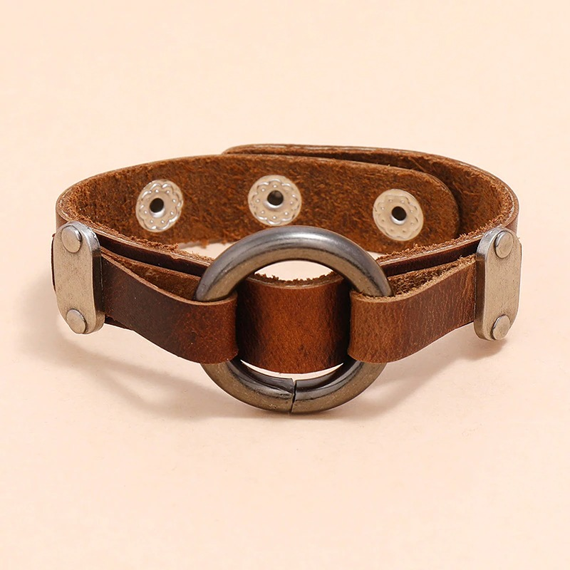 Vintage PU Leather Bracelet with Rivets in Punk style / Cool Bracelets with Alloy Circle for Biker - HARD'N'HEAVY