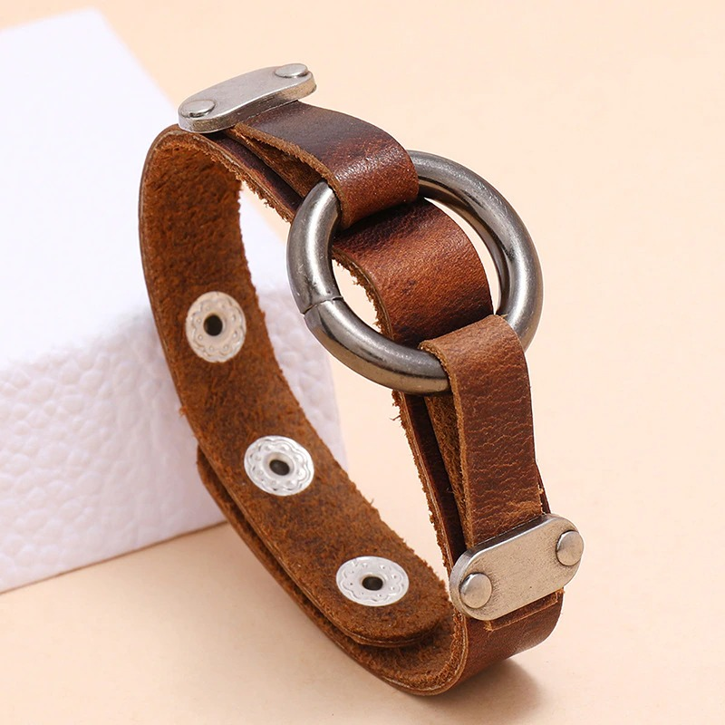 Vintage PU leather bracelet with alloy circle, stylish punk accessory for bikers, unisex fashion piece.