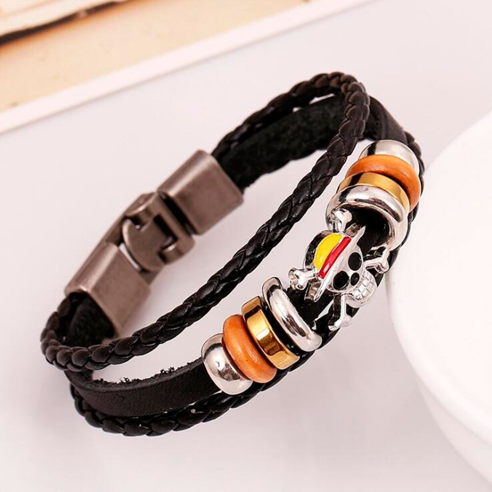 Vintage PU leather bracelet with skull charm, colorful beads, and punk style design.