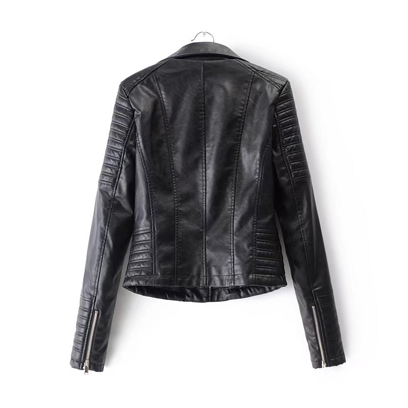 Back view of a vintage women's PU leather motorcycle jacket with stylish slanting collar and zippers.