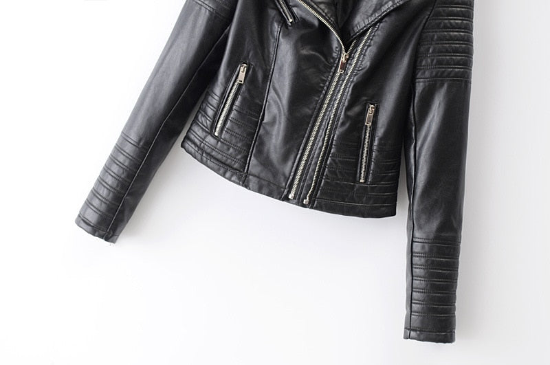 Vintage black PU leather motorcycle jacket for women, featuring stylish zippers and a slanting collar.
