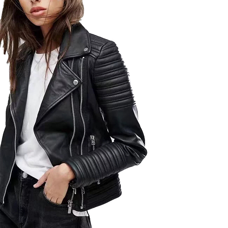 Women's vintage PU leather motorcycle jacket with stylish zippers and ribbed sleeves, perfect for a rock fashion look.