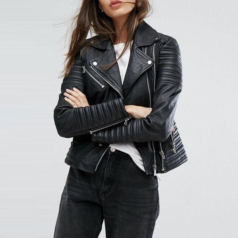 Stylish women's vintage PU leather motorcycle jacket with zippers, perfect for a rock chic look.