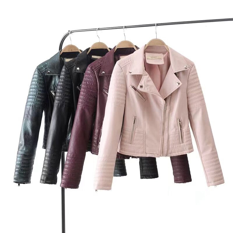 Collection of vintage PU leather motorcycle jackets in various colors, perfect for women's biker style fashion.