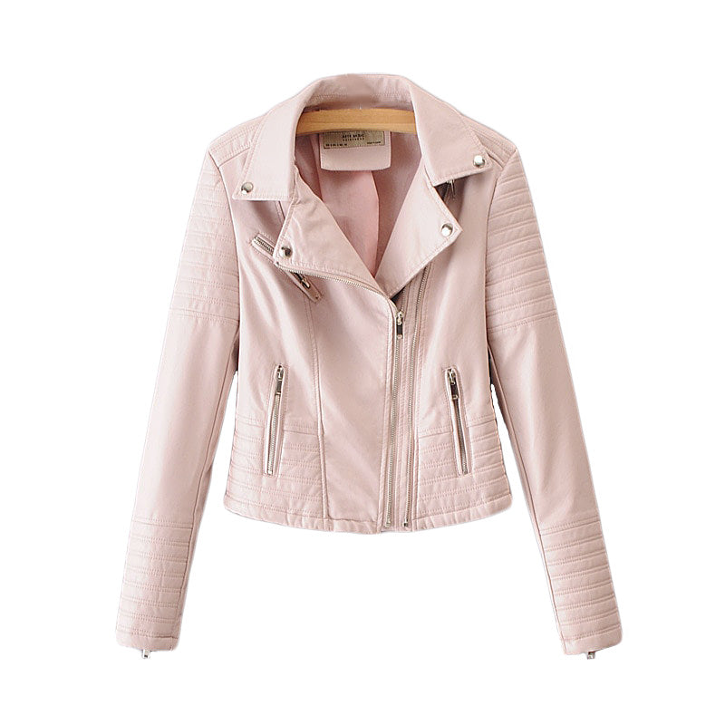 Stylish women's vintage faux leather motorcycle jacket in pastel pink with slanting collar and zippered pockets.