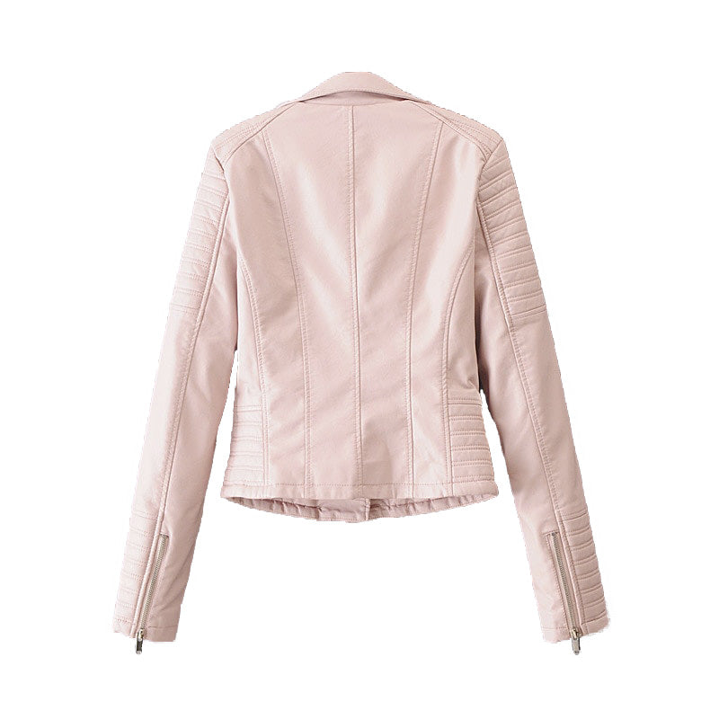 Back view of a stylish vintage faux leather motorcycle jacket for women, featuring a slanting collar and decorative zippers.