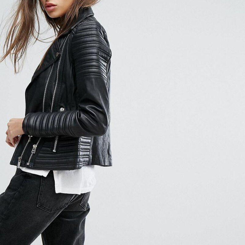 Vintage PU leather women's motorcycle jacket with stylish slanting collar and zippers, perfect for rock fashion.