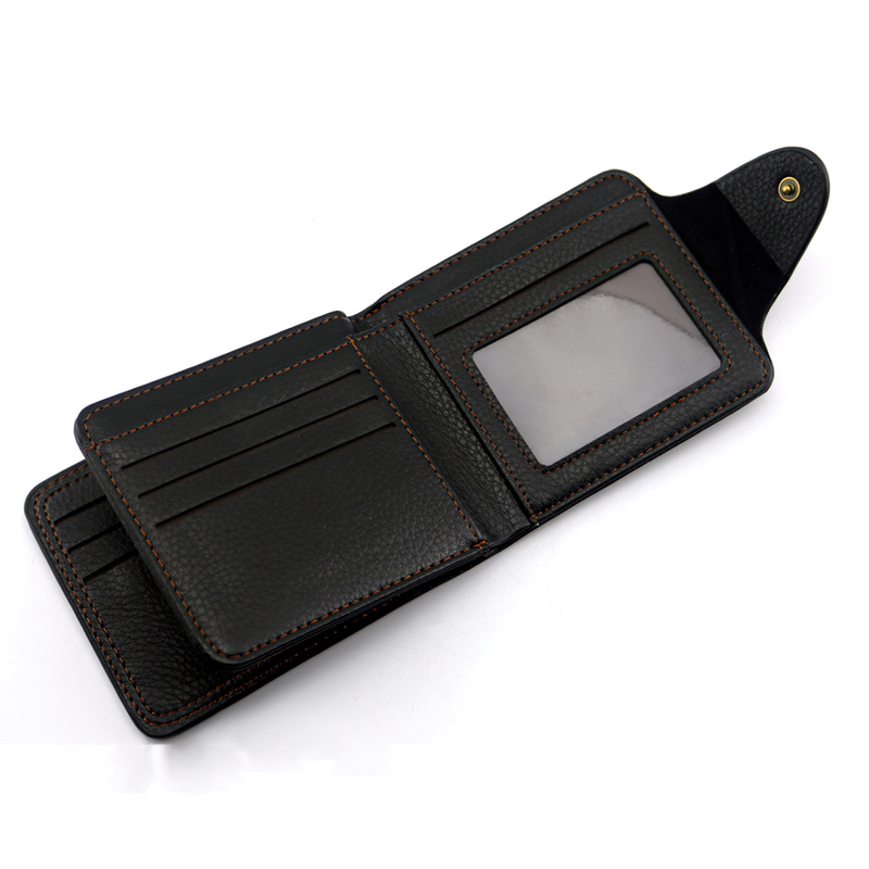 Open vintage PU leather wallet showcasing sleek design, card slots, and ID window for stylish organization.