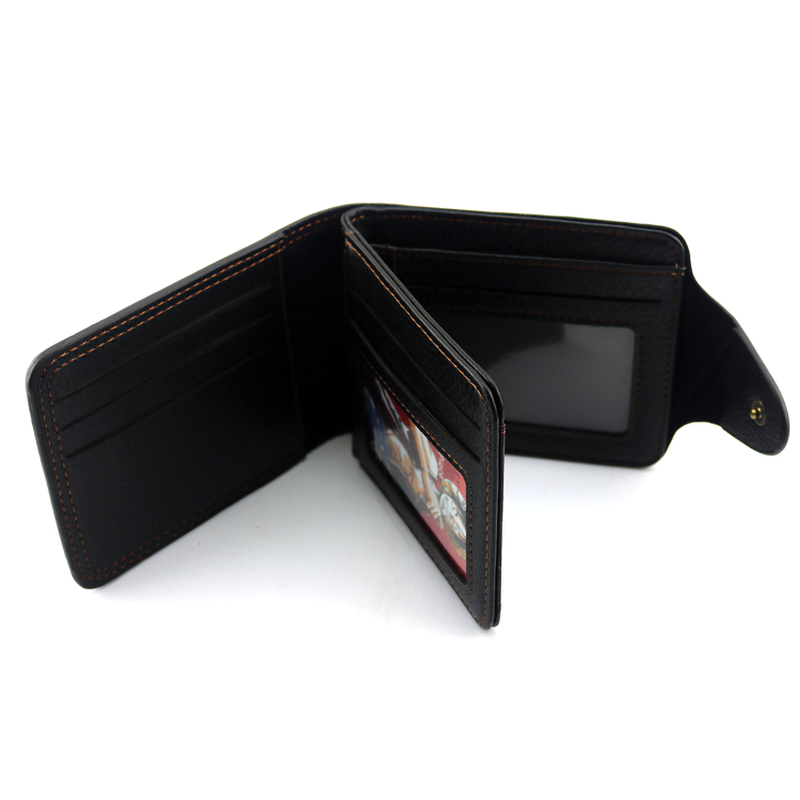 Interior view of a stylish black PU leather wallet with card slots and a clear ID holder, perfect for daily use.