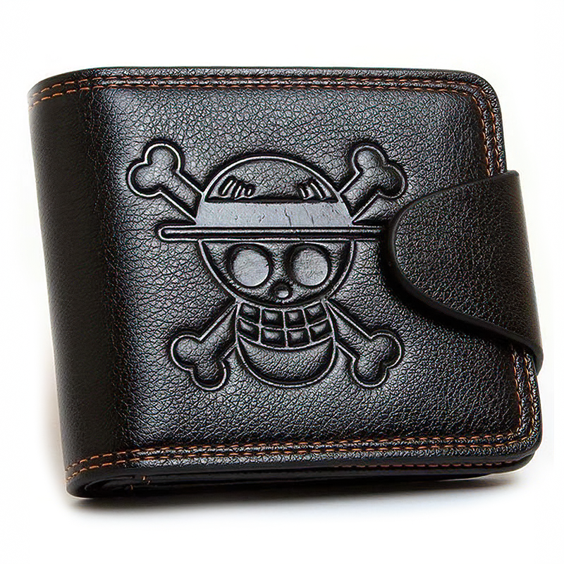 Vintage PU leather wallet with a skull pattern, stylish and practical for men and women in black.