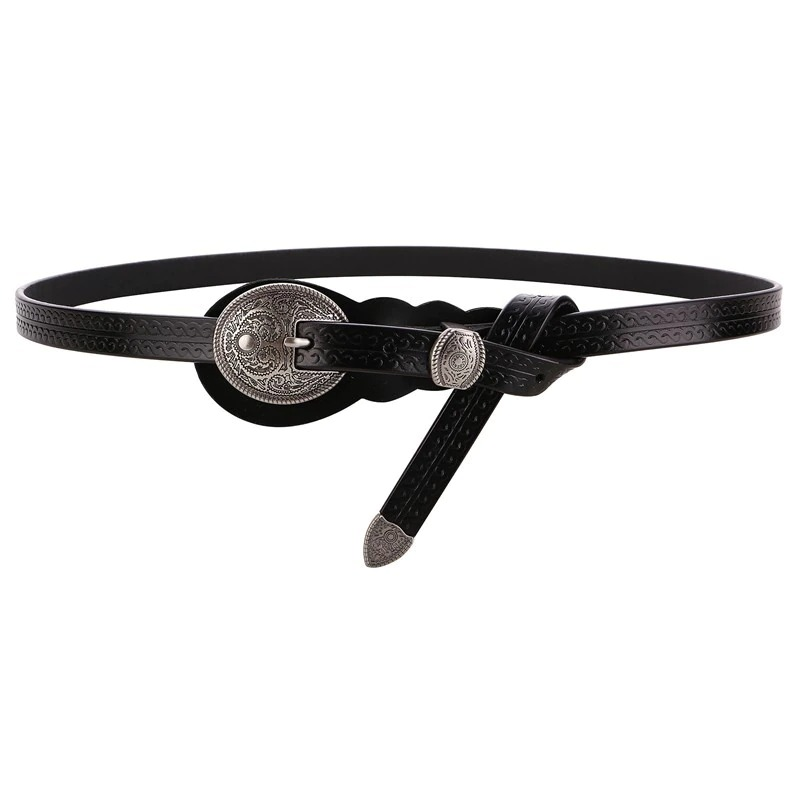 Vintage women's real leather belt with carved buckle in black, perfect casual fashionable accessory for everyday wear.