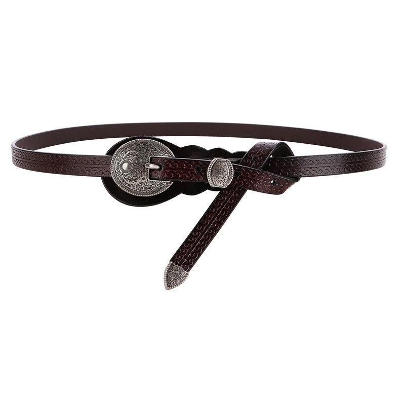 Vintage real leather belt with carved buckle, perfect for women's casual fashion and everyday wear.