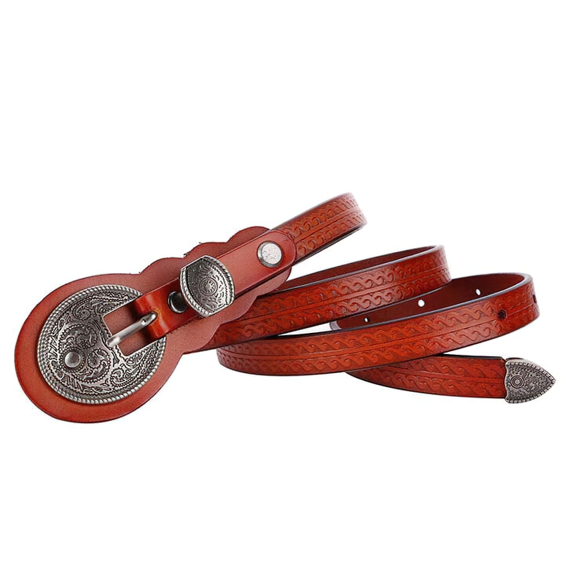 Vintage leather belt with carved silver buckle, perfect for women's casual fashion and accessories.