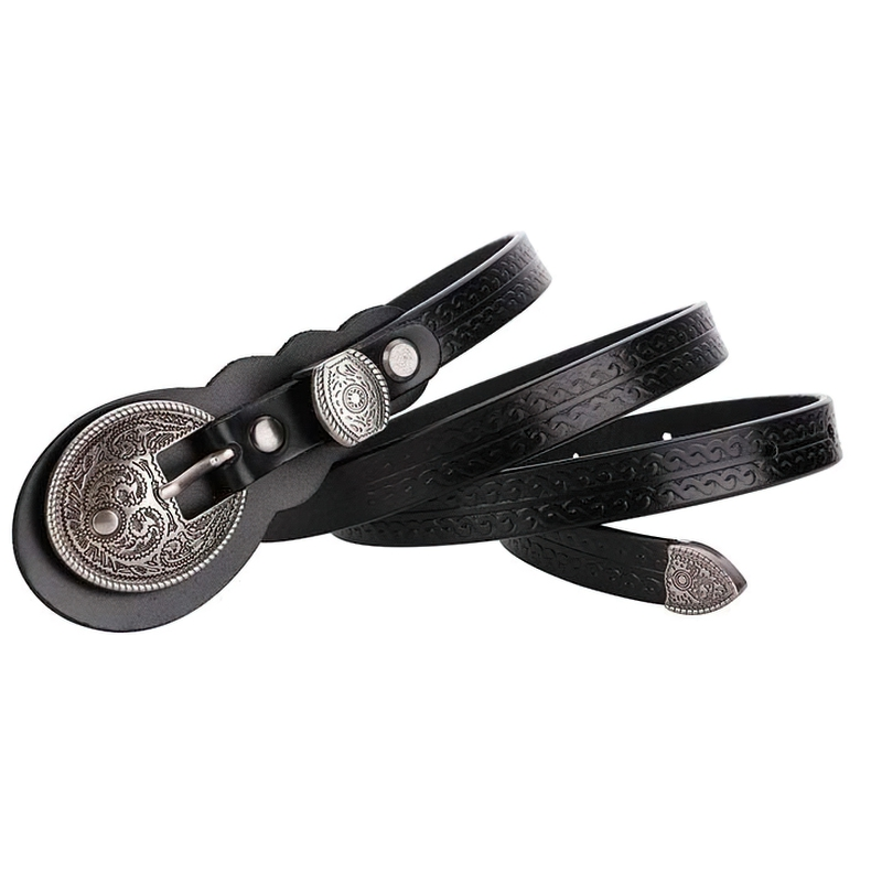 Vintage black leather belt with ornate carved buckle and decorative pattern, perfect for casual women's fashion.