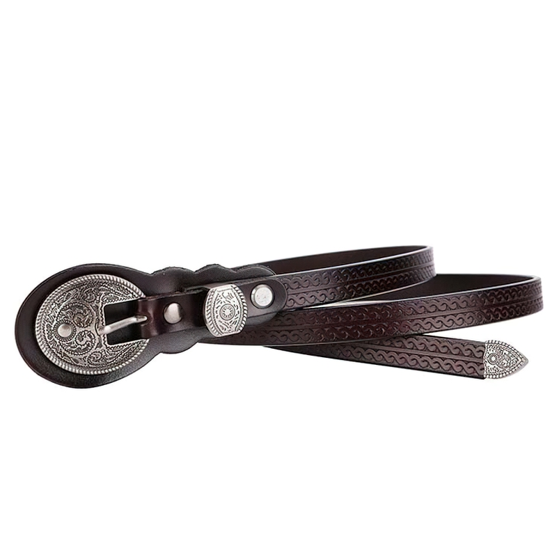 Vintage real leather belt with carved buckle, stylish casual accessory for women, available in various colors.