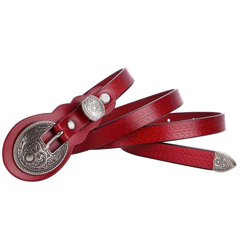 Vintage red leather belt with carved silver buckle and decorative pattern, perfect for women's casual fashion.