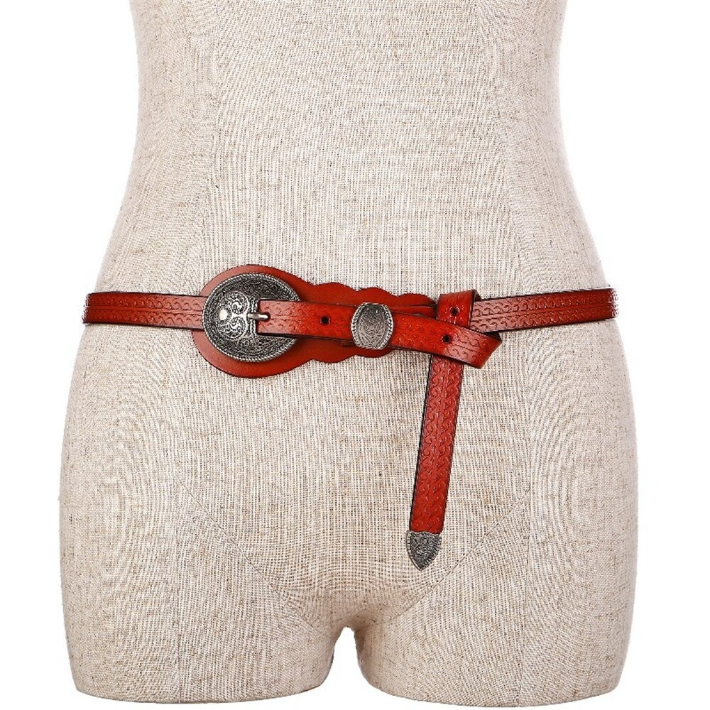 Vintage real leather belt with carved buckle in vibrant red, perfect for casual wear and stylish female accessories.