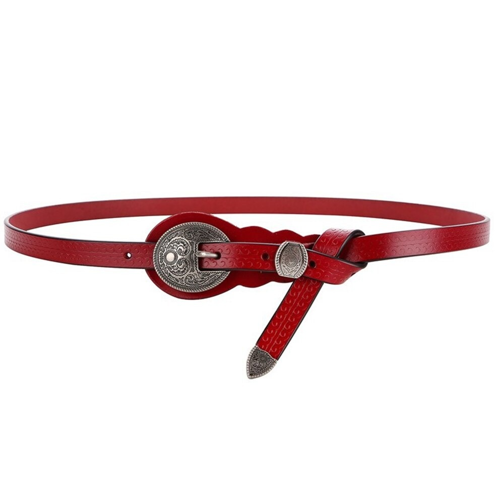 Stylish vintage red leather belt with carved silver buckle, perfect for casual fashion accessories.