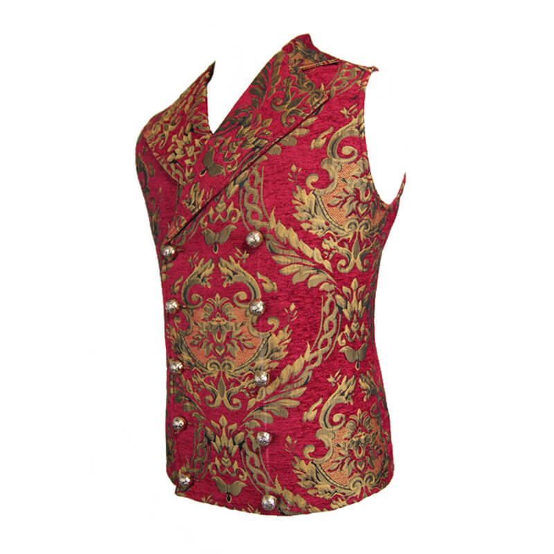 Vintage red waistcoat with golden filigree and buttons for men in gothic style.