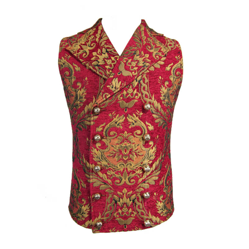 Vintage red waistcoat with golden filigree and buttons for men in gothic luxurious style.