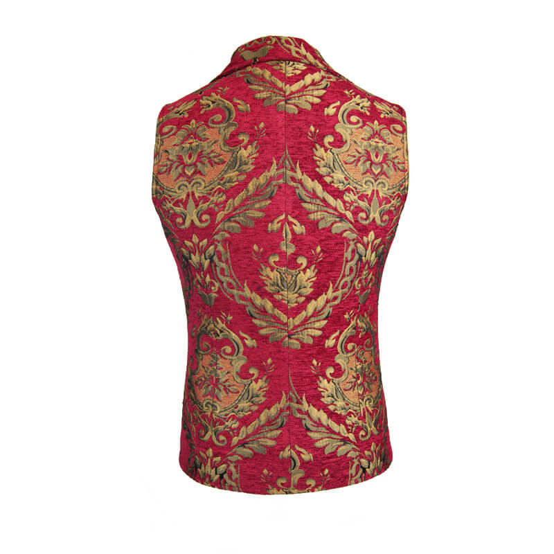 Back view of a vintage red waistcoat with intricate golden filigree patterns, perfect for gothic-inspired outfits.