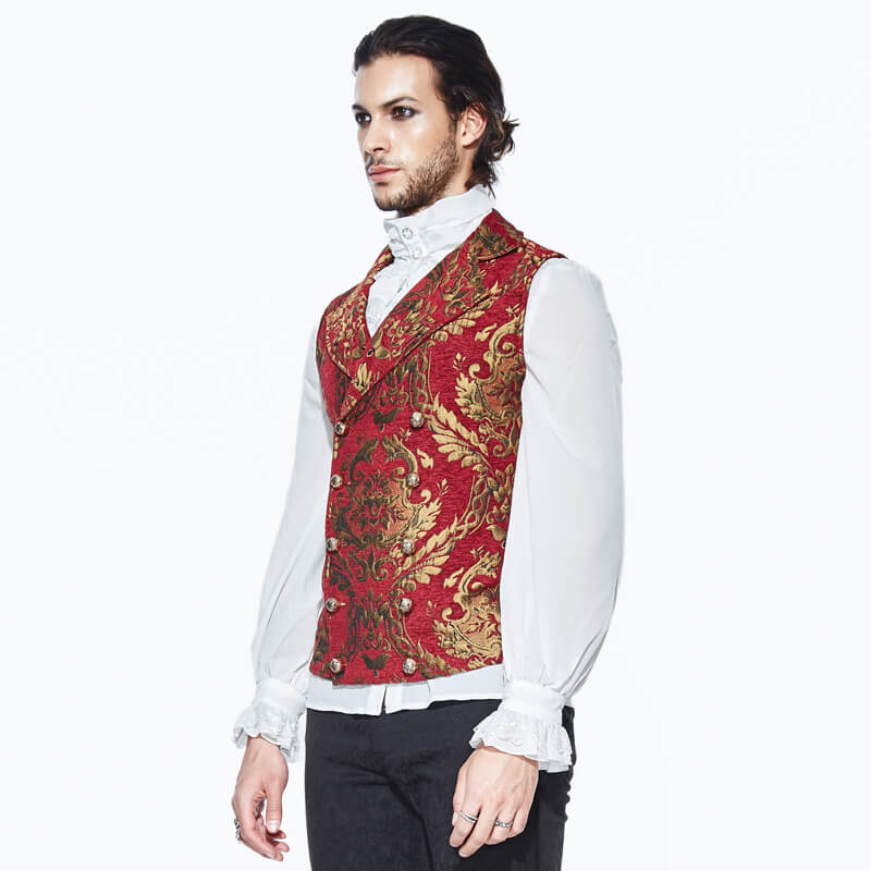 Stylish vintage red waistcoat with golden filigree, worn by a man in a gothic outfit.