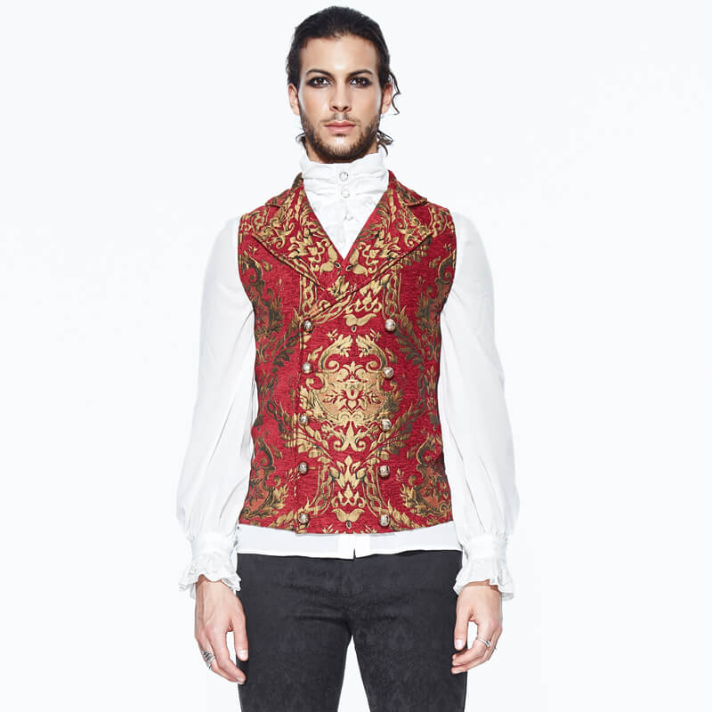 Gothic men's vintage red waistcoat with golden filigree and retro buttons, perfect for alternative male fashion.