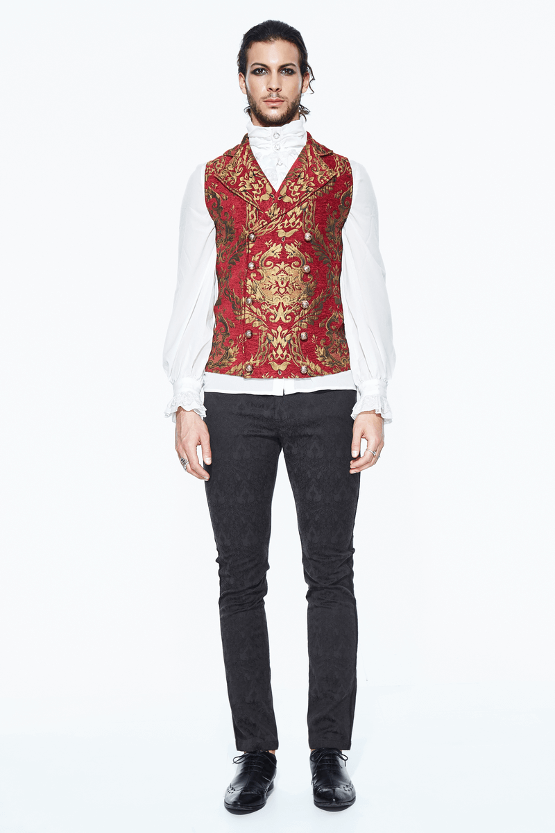 Vintage red waistcoat with golden filigree for men, styled in gothic fashion with retro buttons and elegant outfit.
