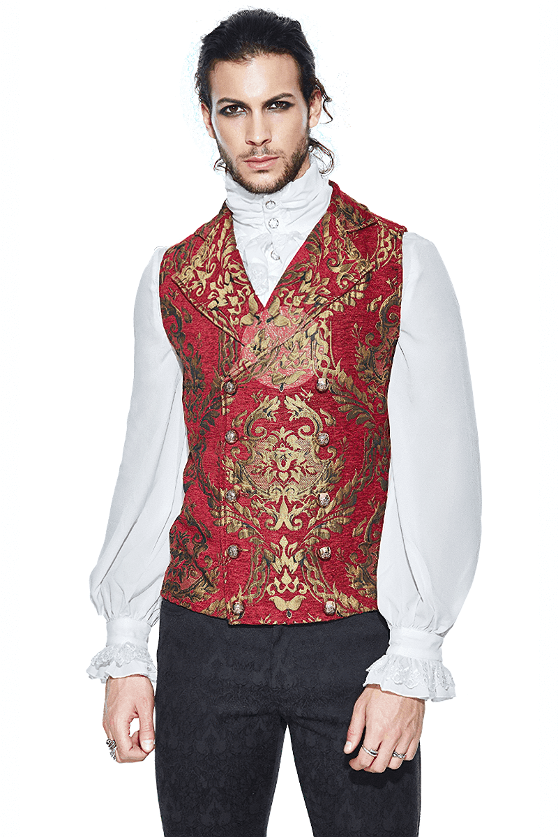 Stylish man in a vintage red waistcoat with golden filigree, perfect for alternative male clothing and gothic vibes.
