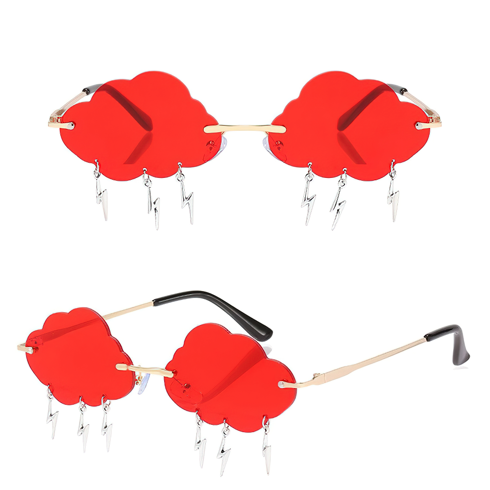 Vintage rimless cloud sunglasses in red with lightning decor - trendy unisex accessory for an alternative style.