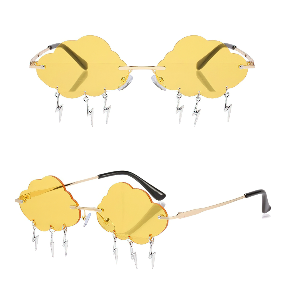 Trendy vintage rimless cloud sunglasses with lightning charms in yellow color, perfect for a stylish alternative look.