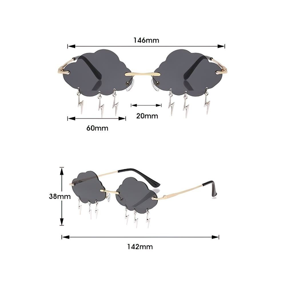Vintage rimless cloud sunglasses with lightning decor, trendy unisex accessory in alternative style.
