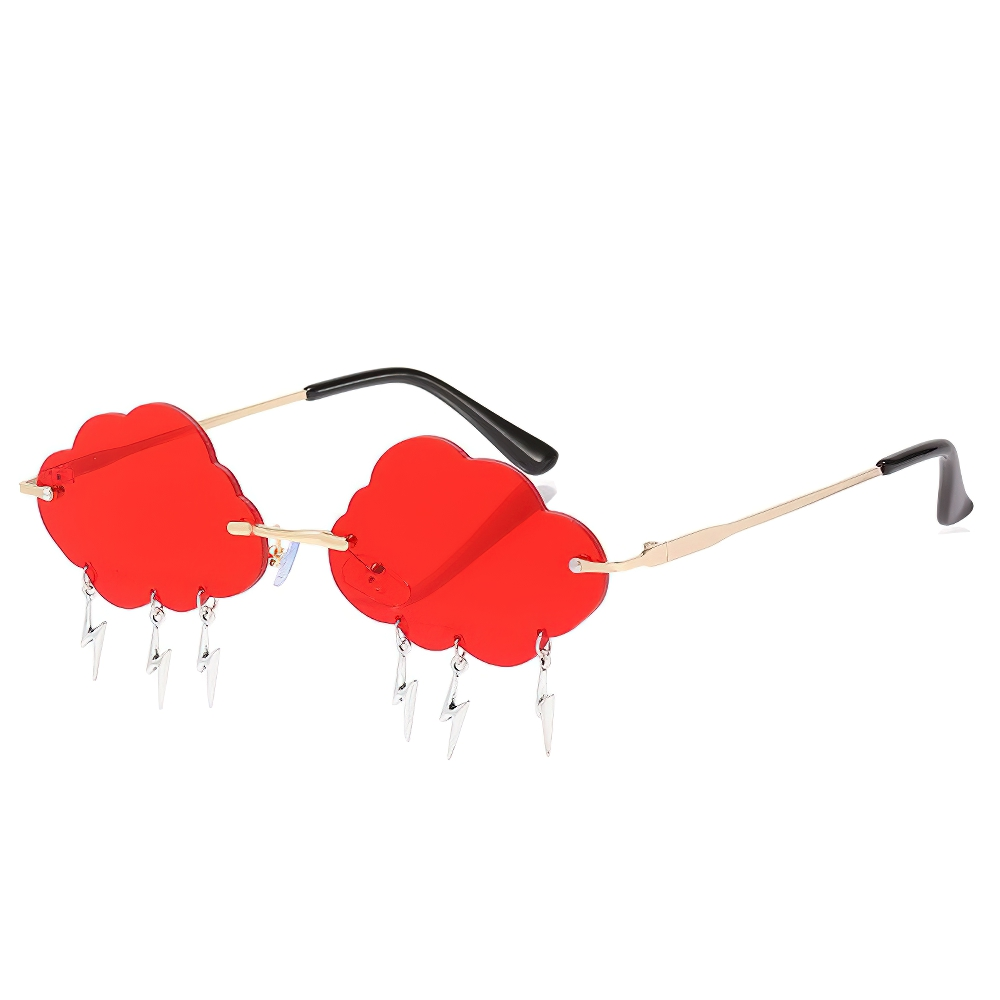 Vintage rimless cloud sunglasses in red with lightning decoration, a trendy unisex accessory for a unique look.