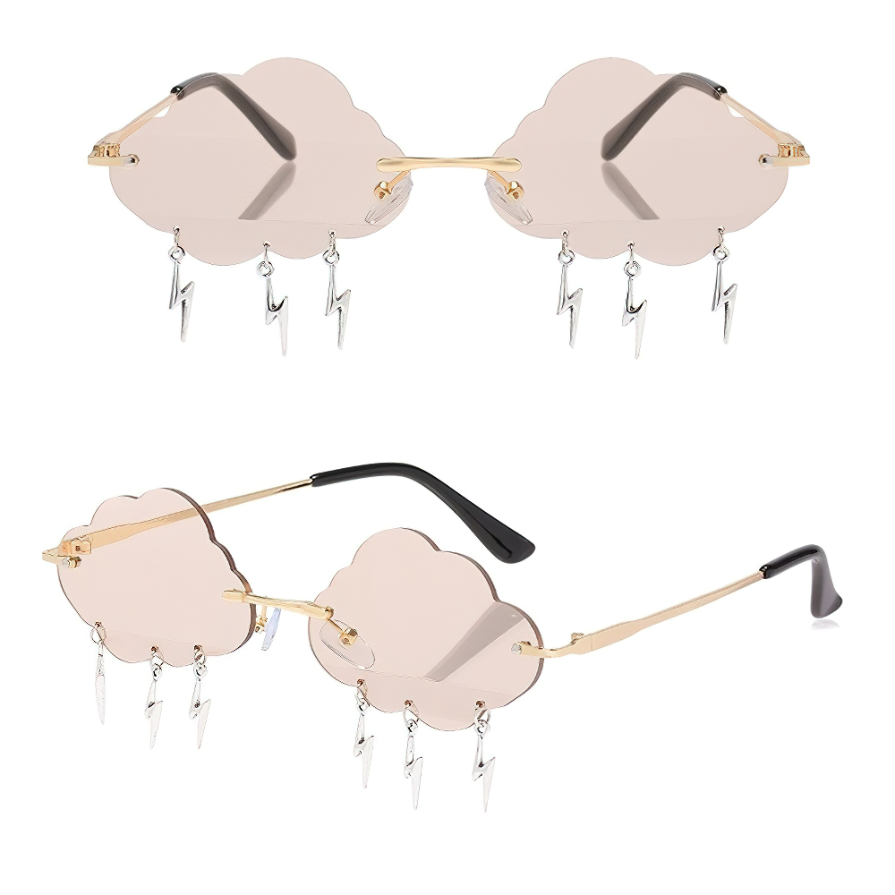Vintage rimless cloud sunglasses with lightning decor, stylish unisex accessory in pink.