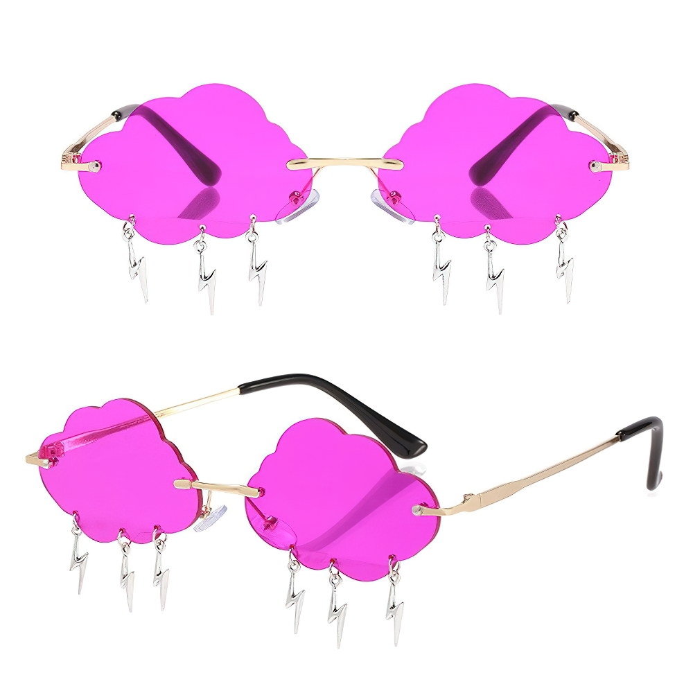 Vintage rimless pink cloud sunglasses with lightning decoration, trendy unisex alternative accessory.