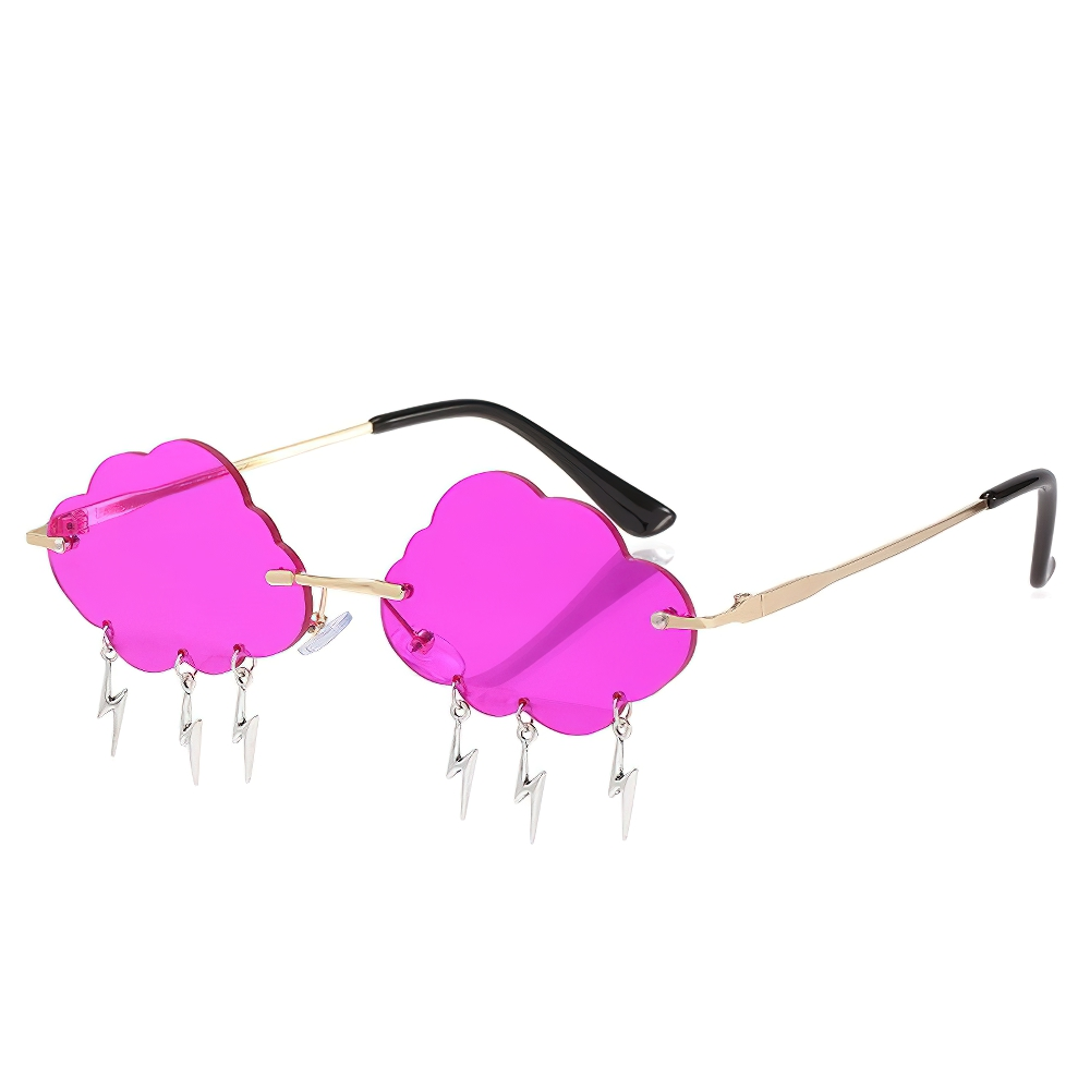 Vibrant pink vintage rimless cloud sunglasses with lightning detail, stylish unisex alternative accessory.